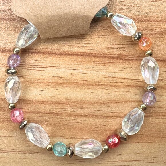 Clear and Colored Gem Like Acrylic Beaded Stretchy Bracelet with Silver Accents - Picture 2 of 2